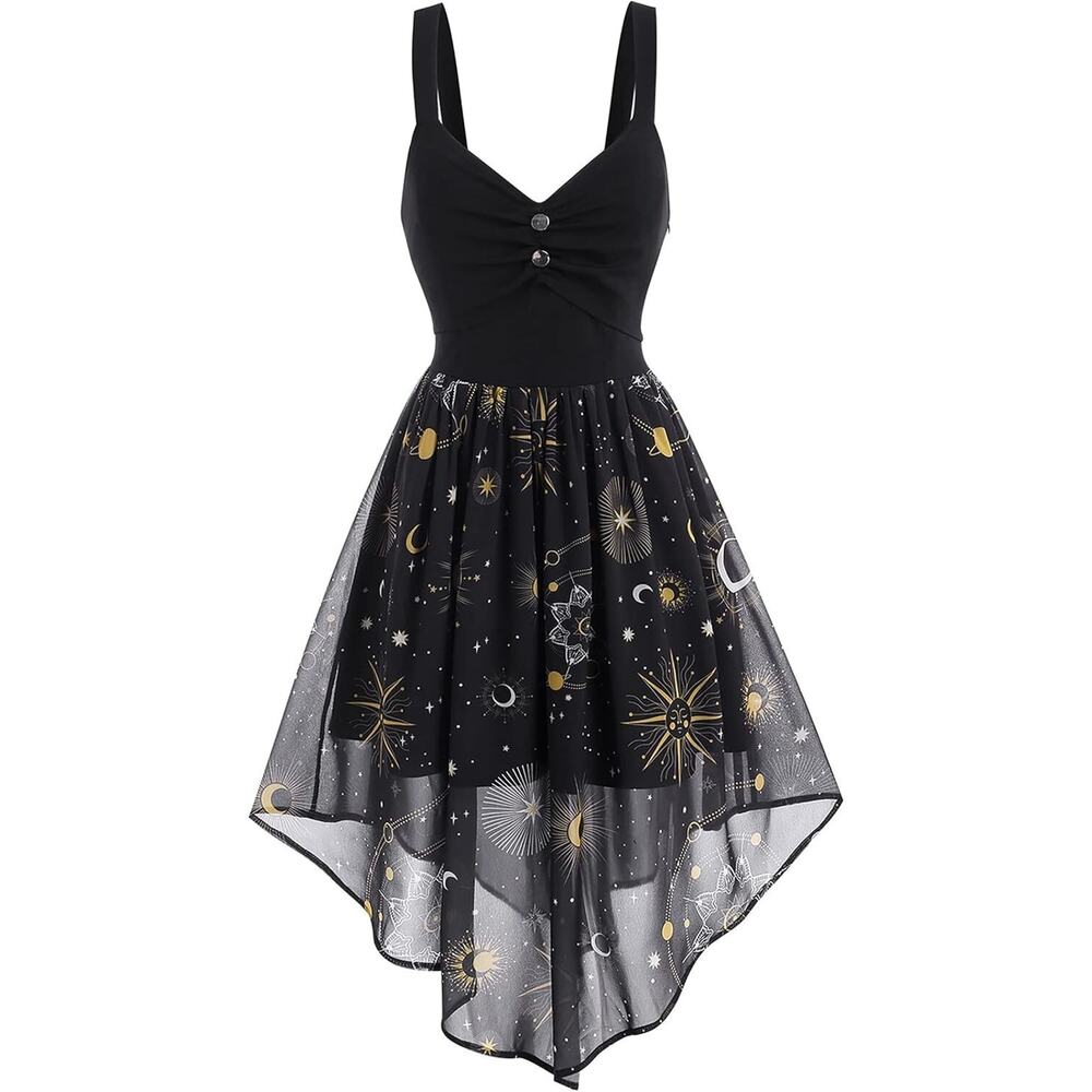 FEAPHY Witchy Galaxy Dress Women’s XXL Sun Moon Stars High Low Black Chiffon - Picture 2 of 7